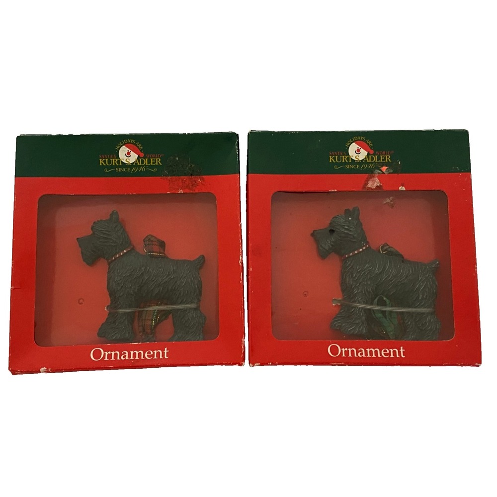 Kurt Adler SCOTTIE DOG Christmas Ornament Plaid Ribbon Hangers ~ New in Box